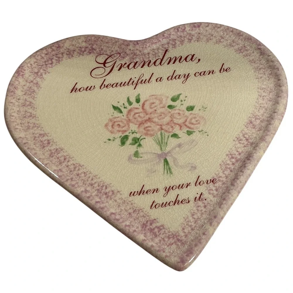 Russ‎ Berrie Grandma Heart Ceramic Trinket Dish Pink Roses Crackle Glaze 13406